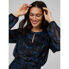Paisley Print Mesh Top With Pleated Bottom Band