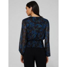 Paisley Print Mesh Top With Pleated Bottom Band