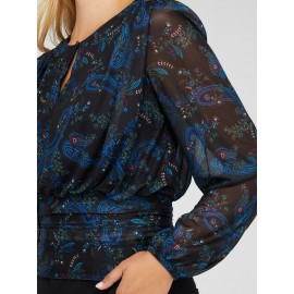 Paisley Print Mesh Top With Pleated Bottom Band