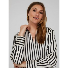 Striped Satin Split Neck Button-Front Blouse