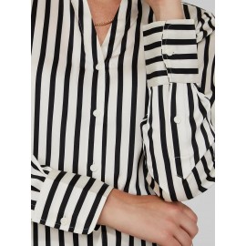 Striped Satin Split Neck Button-Front Blouse