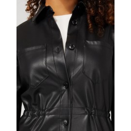 Drawstring Shacket With Front Pockets