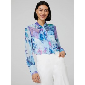 Floral Print Chiffon Blouse With Neck Tie