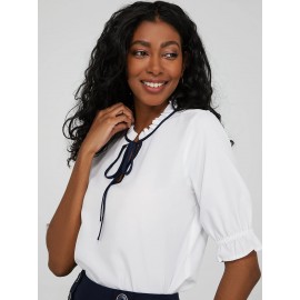 Ruffled Contrast Neckline V-Neck Top