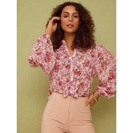Printed Ruffled Long Sleeve Blouse